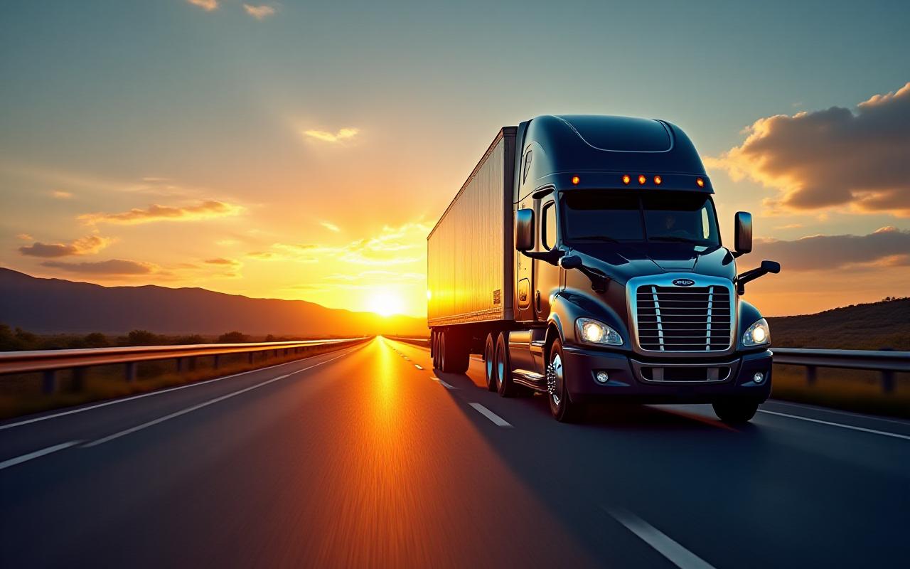 Modern heavy-duty truck on a highway at dusk