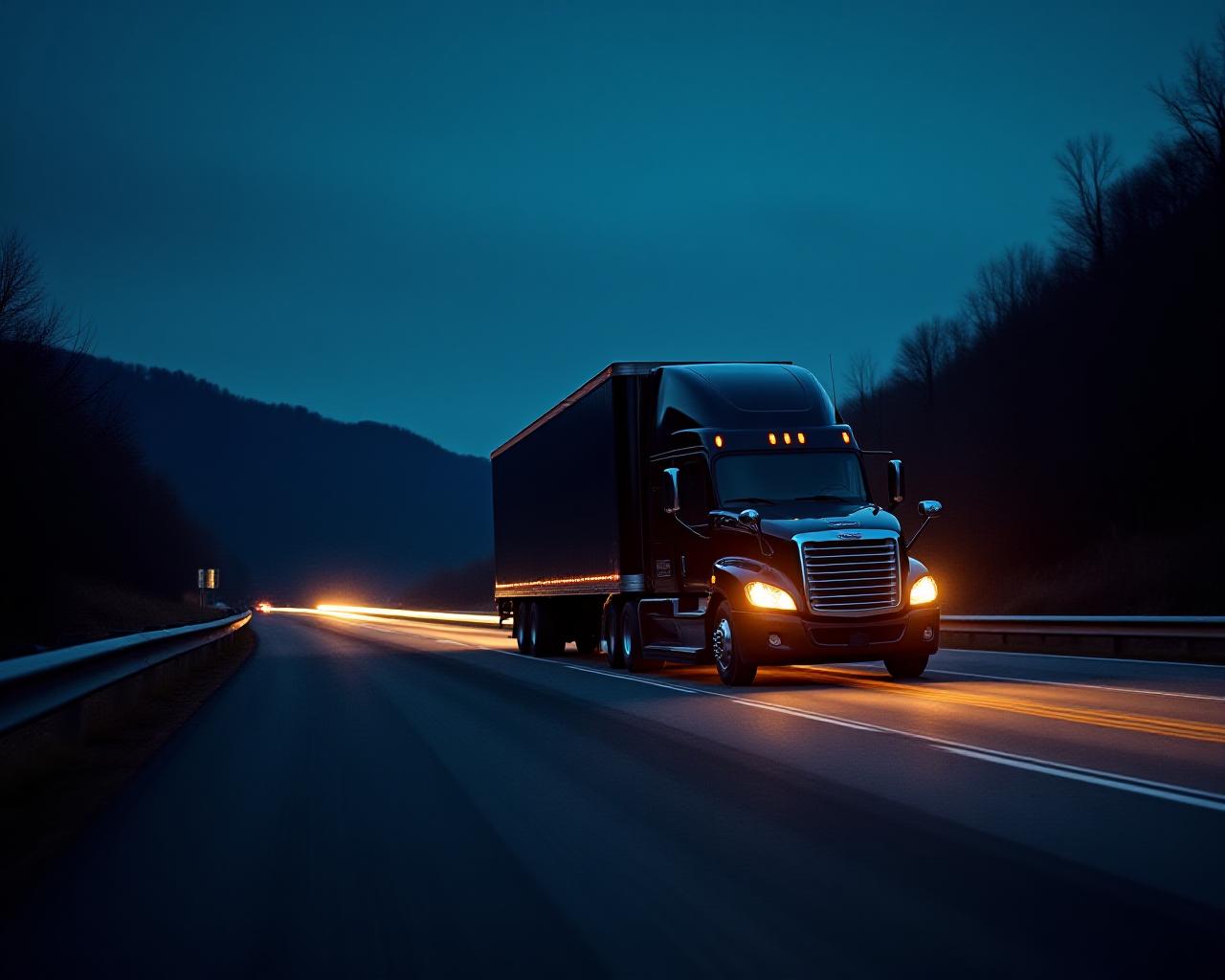 Modern long-haul truck on a scenic highway at dusk