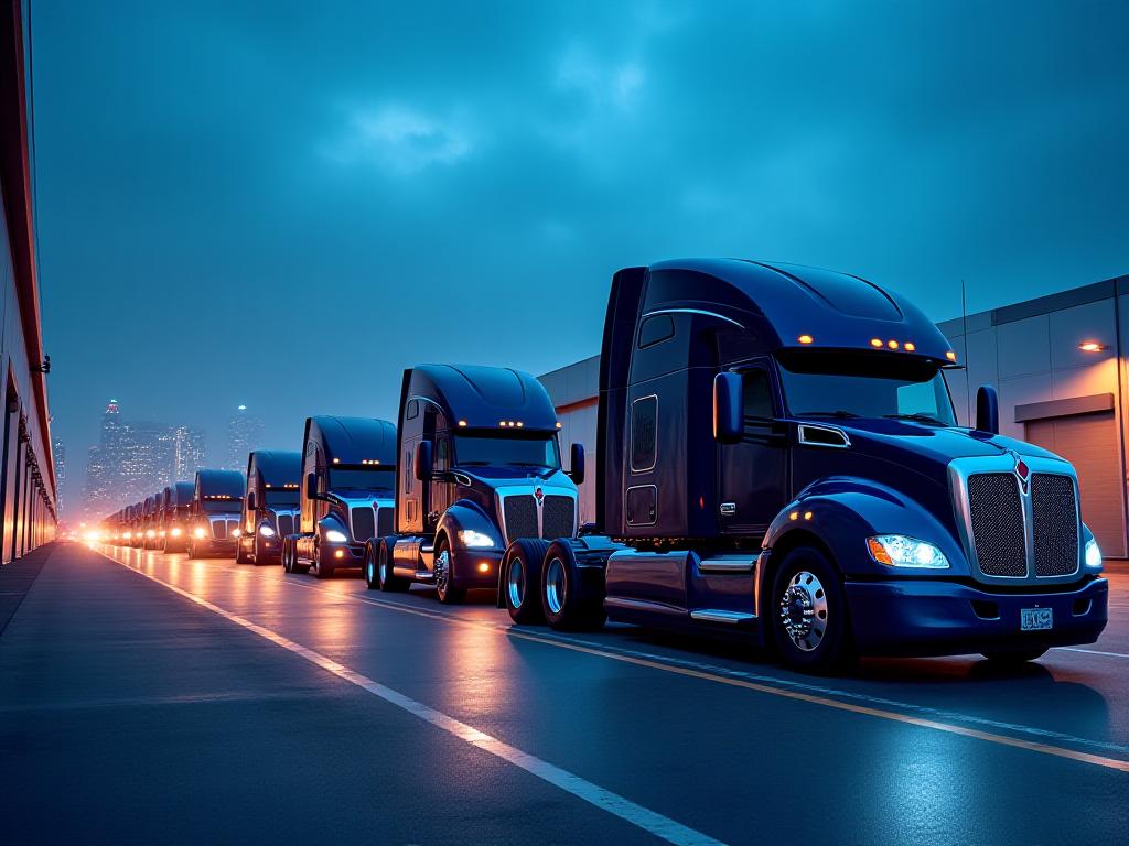 A line of high-end logistics trucks at dawn in Albany NY